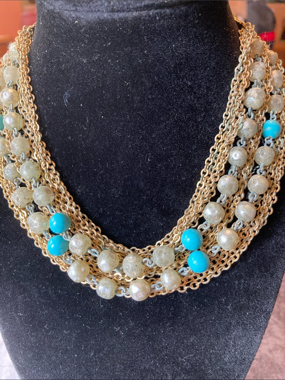Layered Gold-Tone Necklace with Turquoise Colored and Antique-Look Beads